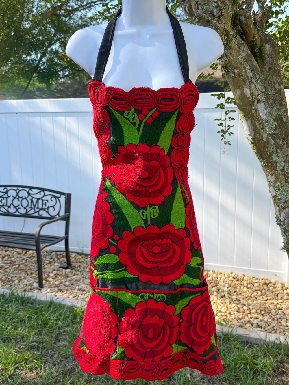 Vintage Handmade Floral Embroidered Apron Red Black Open Back Folk Art Boho